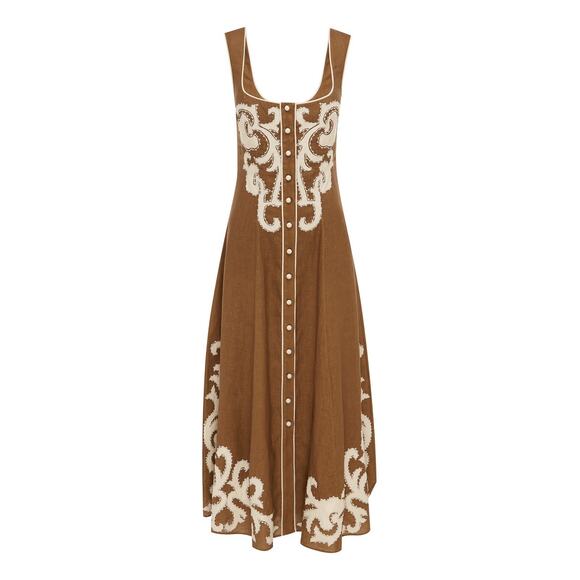 Alemais RUBY APPLIQUE MIDI DRESS Western Brown 100% Linen Size US 8 AU 12 $895 - Picture 1 of 13